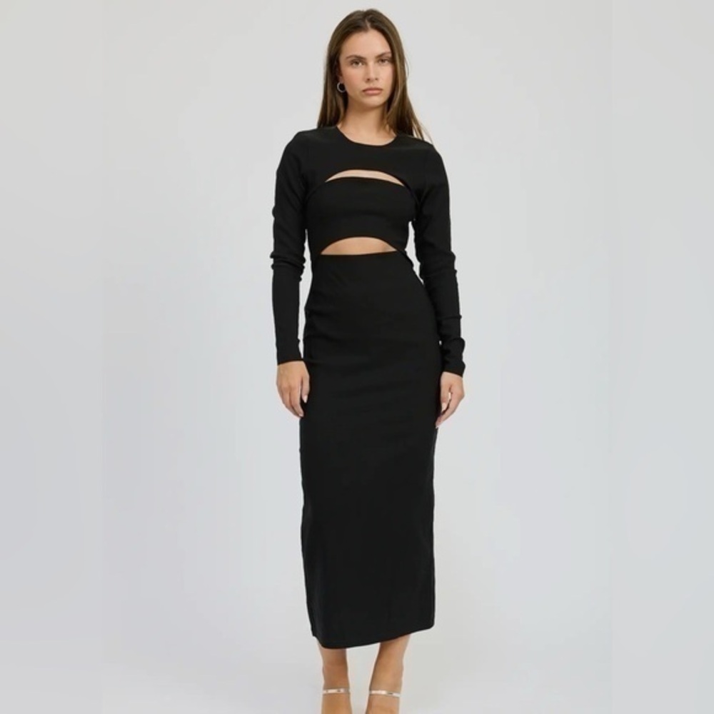Black Long Sleeve Cut-Out Midi Dress
